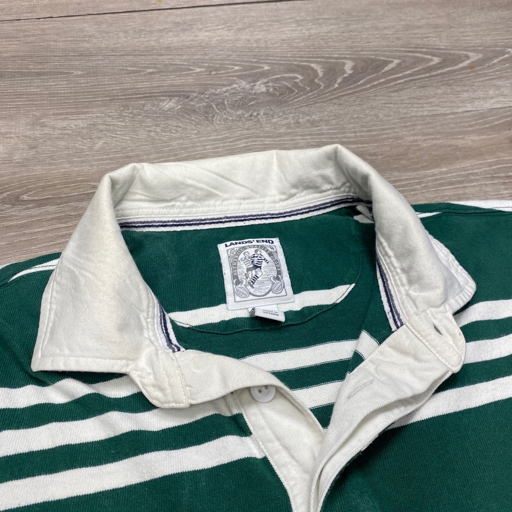 Lands End Rugby Shirt Mens Med Tall 100% Cotton Green White Stripe Long Sleeve - Picture 2 of 8